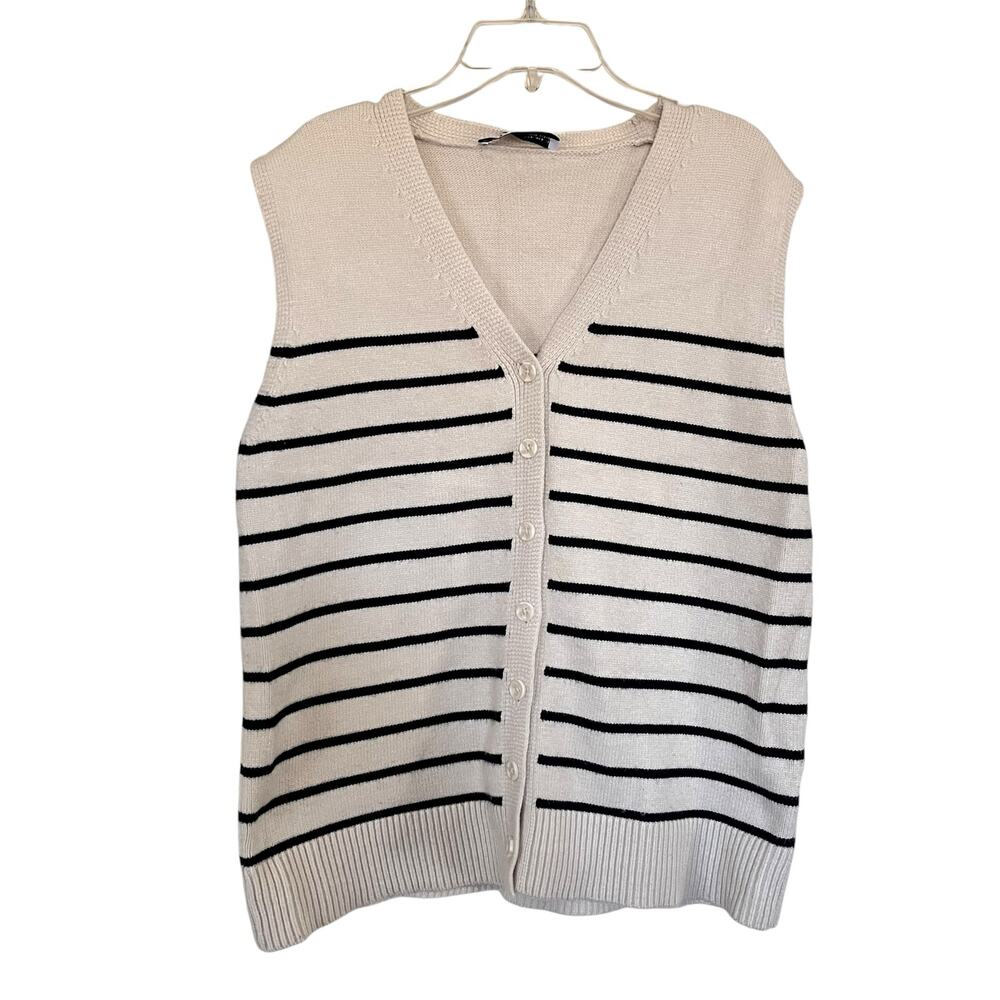 Zara Cream Black Striped Knit Sweater Vest Small Coastal Preppy Minimalist